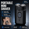 A black portable mini shaver with double-ring heads is shown next to a man using it.