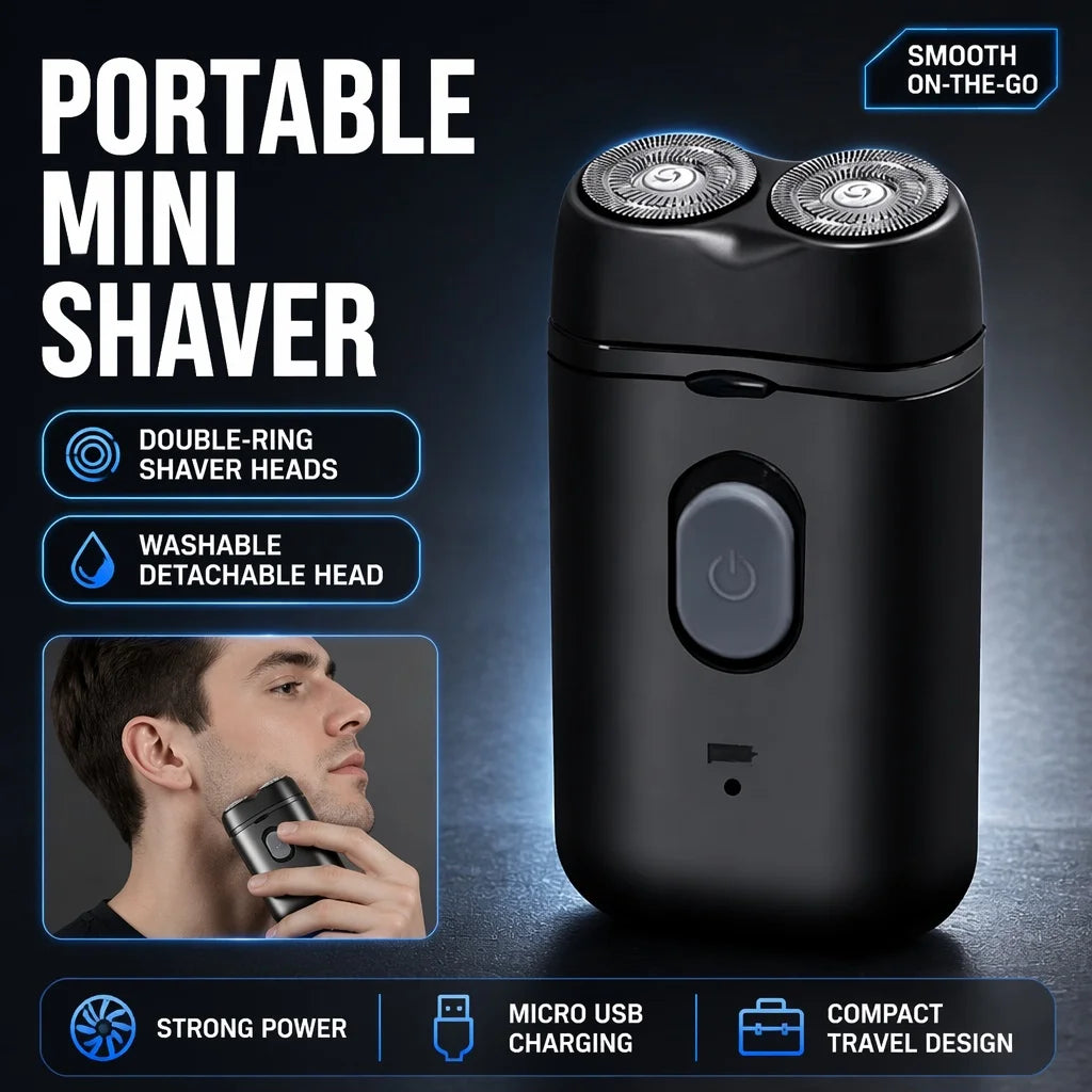 A black portable mini shaver with double-ring heads is shown next to a man using it.