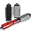 A red hot air brush with three black hair styling attachments for straightening and curling