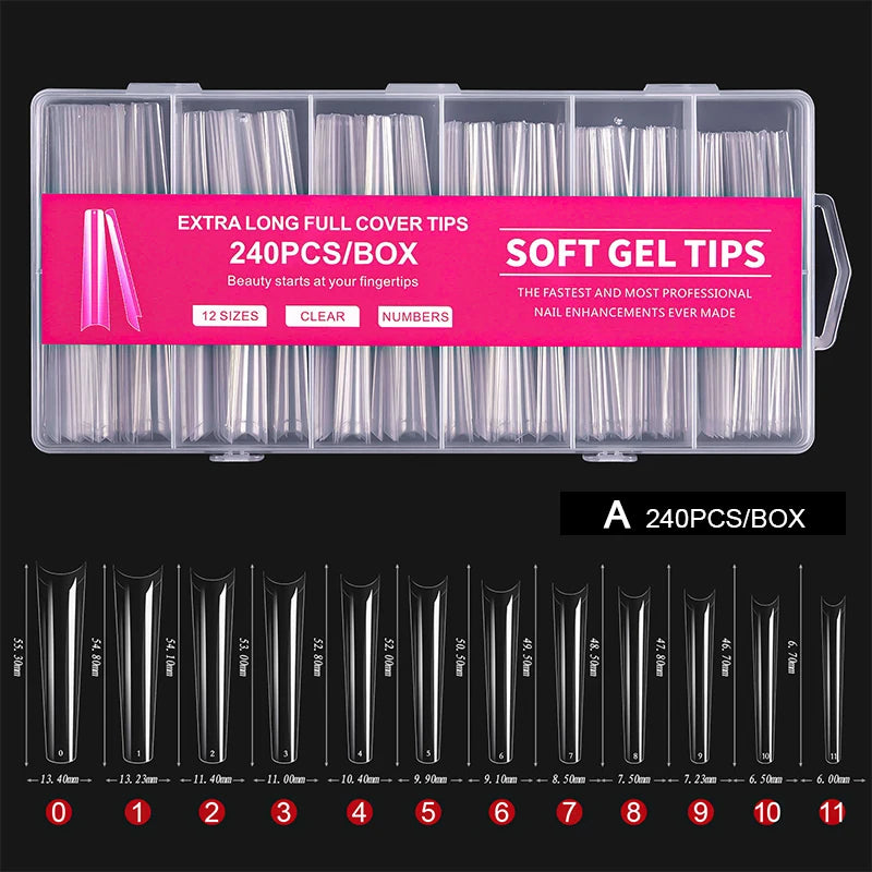 Une boîte de 240 pointes de gel souples et allongées pour les extensions d'ongles, avec tailles numérotées