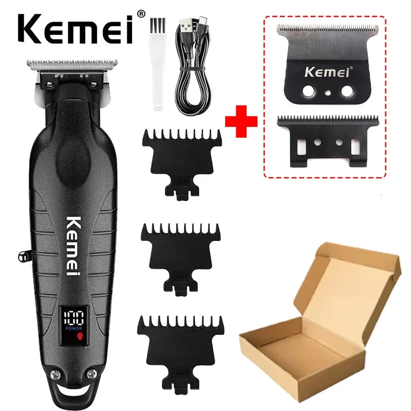 A black cordless hair trimmer kit including a main unit, various guards, and a box.
