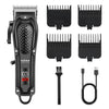 A black professional cordless electric hair trimmer kit with various attachments and a charging cable.