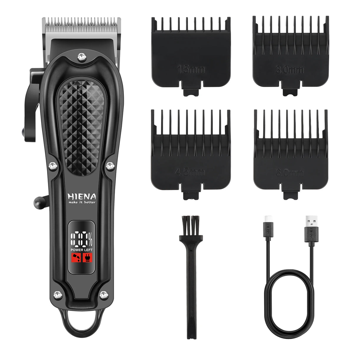 A black professional cordless hair trimmer kit with various attachments and a charging cable.