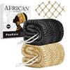 Two exfoliating loofah sponges, one black and one gold, are shown next to a mesh net.