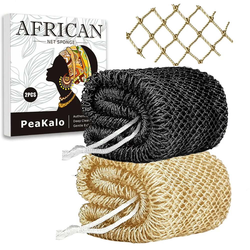 Two exfoliating loofah sponges, one black and one gold, are shown next to a mesh net.