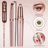 A pink precision electric eyebrow trimmer shown in two views, highlighting its design features like the three-dimensional sha