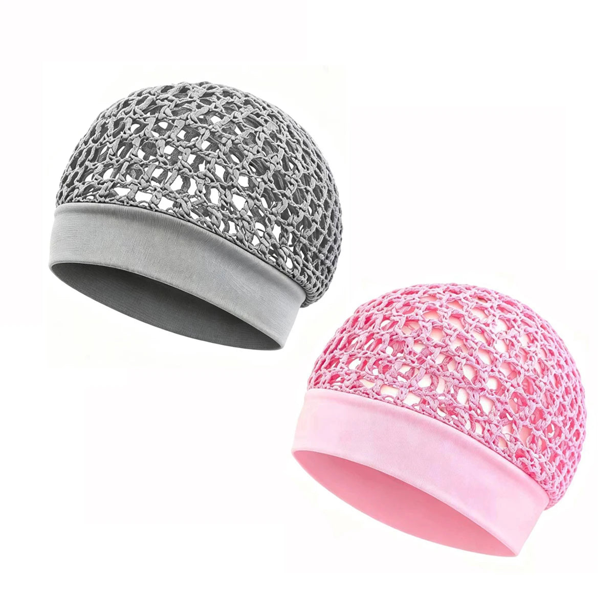 A pair of reversible satin wrap caps or bonnets for hair and sleeping in gray and pink.