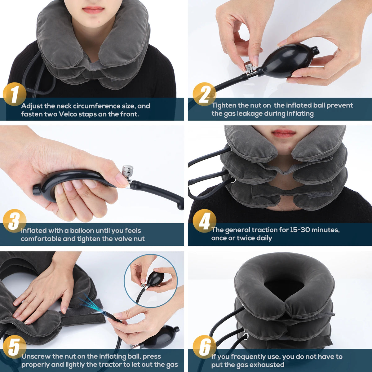 Instructions show how to adjust, inflate, and use an inflatable cervical neck traction pillow for pain relief.