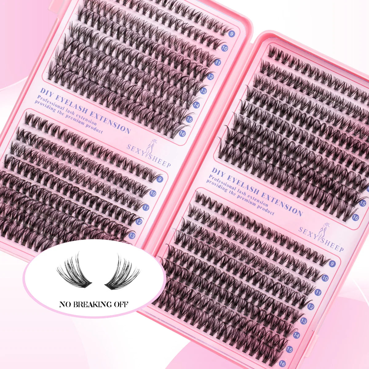 Pink DIY eyelash extension kit showing a close-up of the lash clusters and packaging.