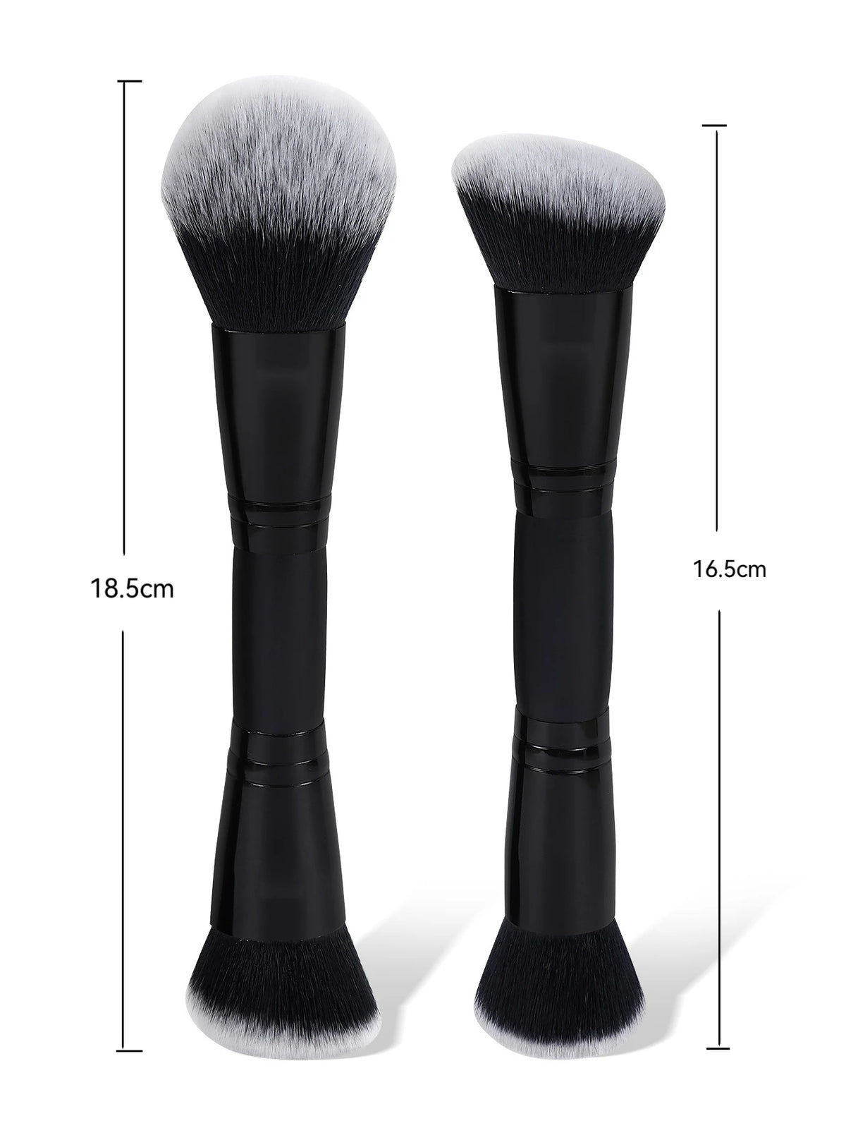 Un couple de pinceaux de fondation contour noirs à double extrémité avec dimensions.