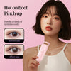 A woman holds a pink heated eyelash curler, showing before and after results for natural lash definition.