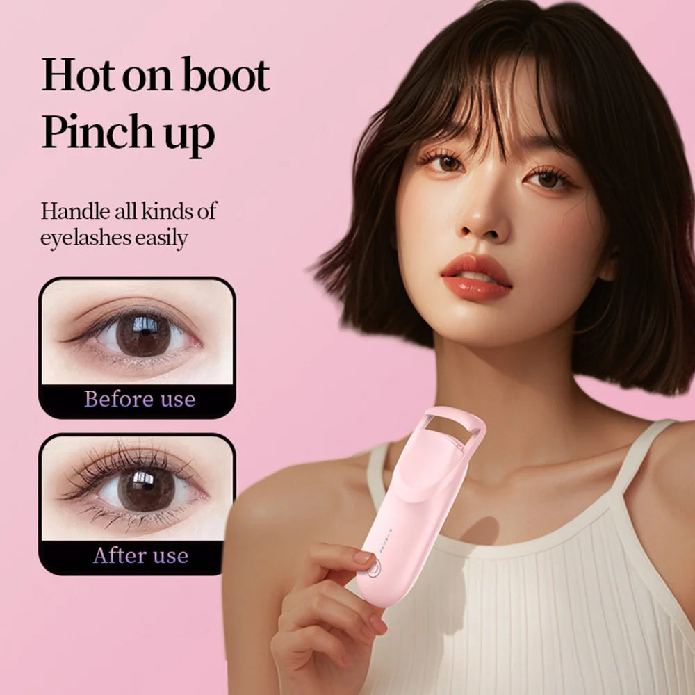 A woman holds a pink heated eyelash curler, showing before and after results for natural lash definition.