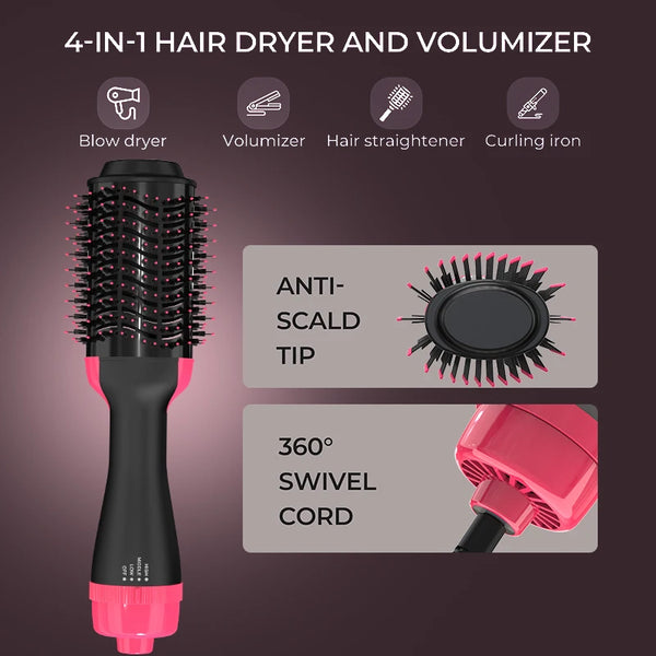 Secador y modelador de pelo 4 en 1 negro y rosa con varios accesorios para peinar.