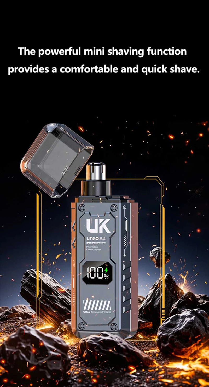 A sleek black electric trimmer is shown with a detached shaving head, surrounded by glowing sparks and rough rocks.