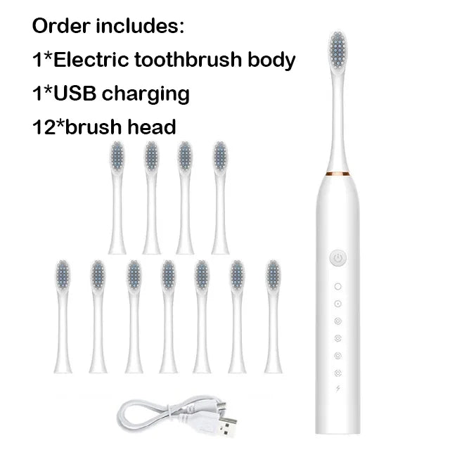 A white electric toothbrush set including the body, USB charging cable, and twelve brush heads.