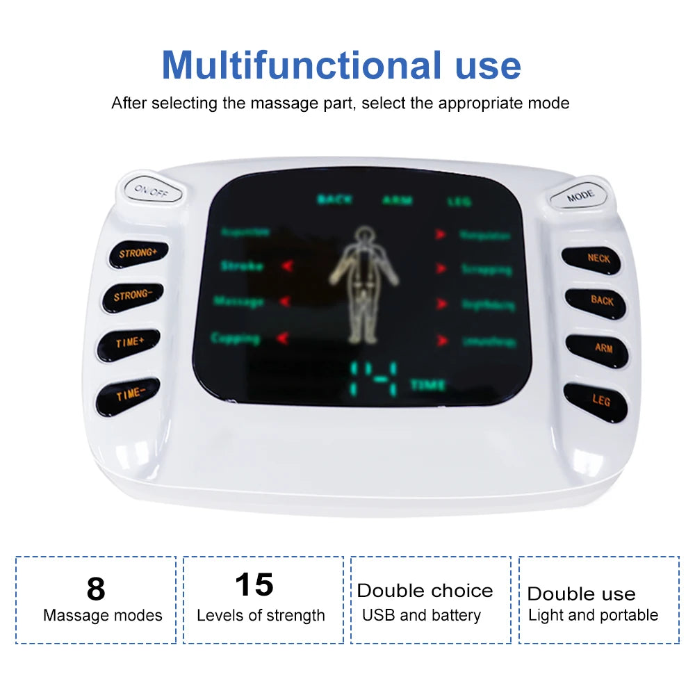 A white multifunctional massage device with various modes displayed on the screen and control buttons.