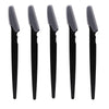 A set of four multi-use stainless steel razors with black handles and gray blades.