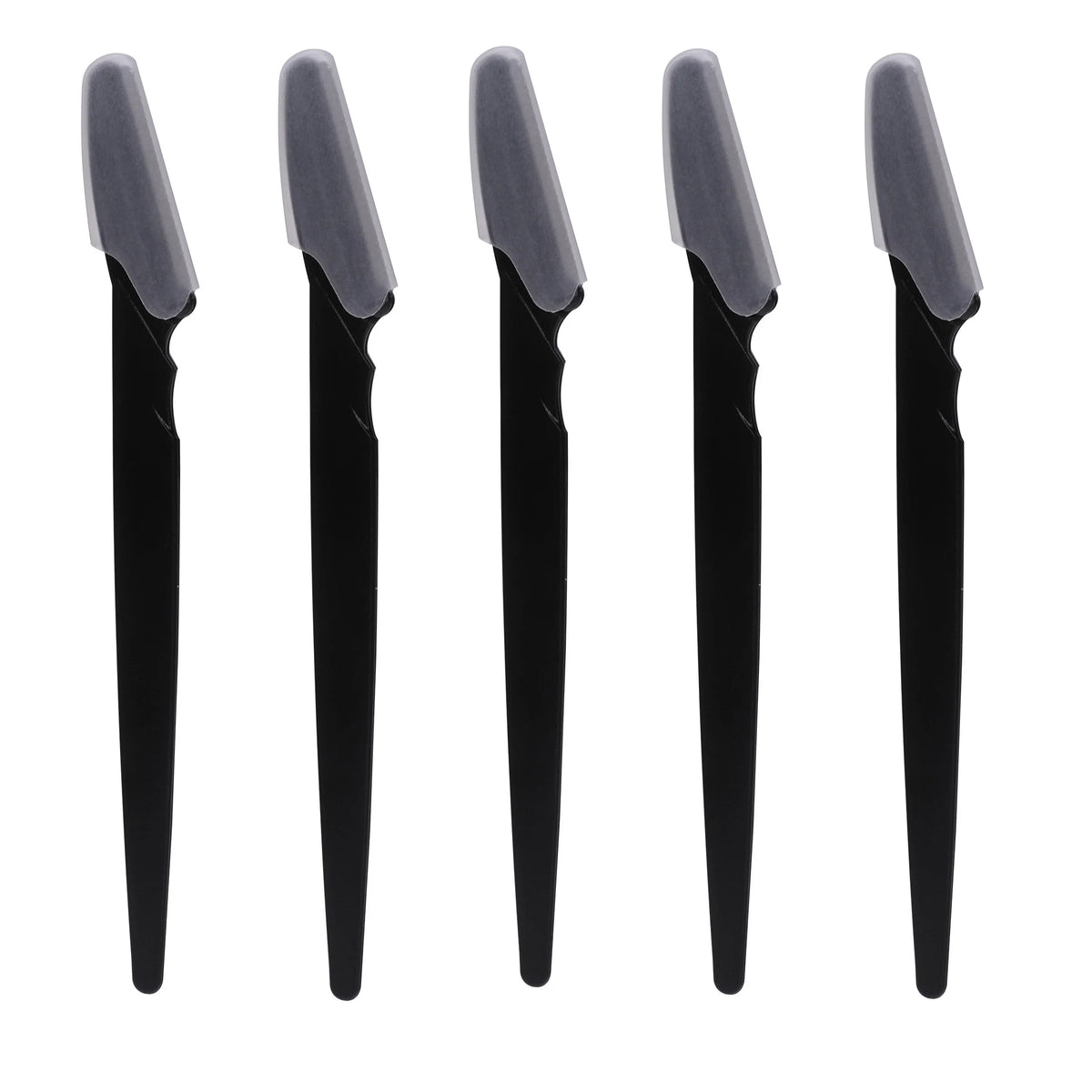 A set of four multi-use stainless steel razors with black handles and gray blades.