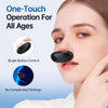 A woman is shown using a black nasal congestion relief light therapy clip for single-button operation.