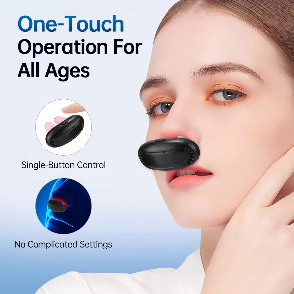 A woman is shown using a black nasal congestion relief light therapy clip for single-button operation.