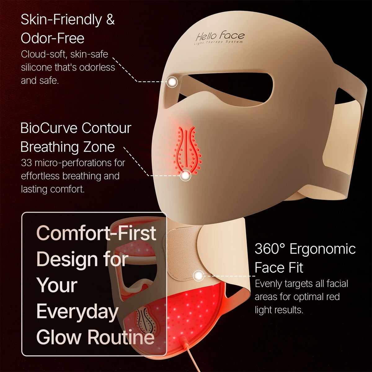 A beige silicone face mask designed for light therapy featuring a breathing zone and ergonomic fit.