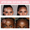 Before and after comparison showing the results of using an edge control styling wax kit on hair and eyebrows.