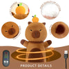 A fluffy brown teddy bear electric heating pad with glowing orange lines, showing product details and features.