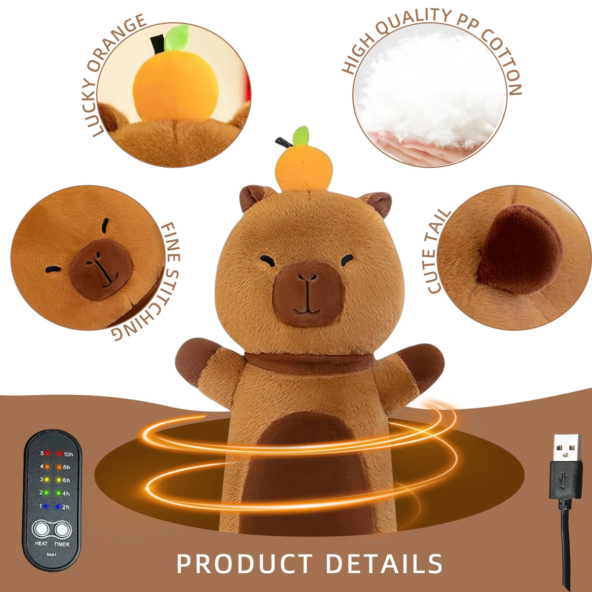 A fluffy brown teddy bear electric heating pad with glowing orange lines, showing product details and features.