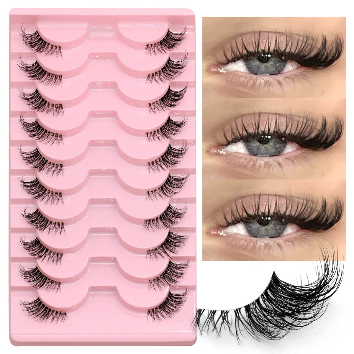 A pink plastic tray holding multiple pairs of clear band cat eye false eyelashes and a loose strand of black lashes.