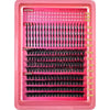 A pink plastic tray containing various clusters of black DIY eyelash extensions for volume application.