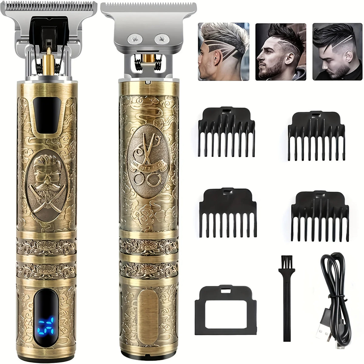 A set of professional electric hair clippers and combs in gold and black for men's grooming.