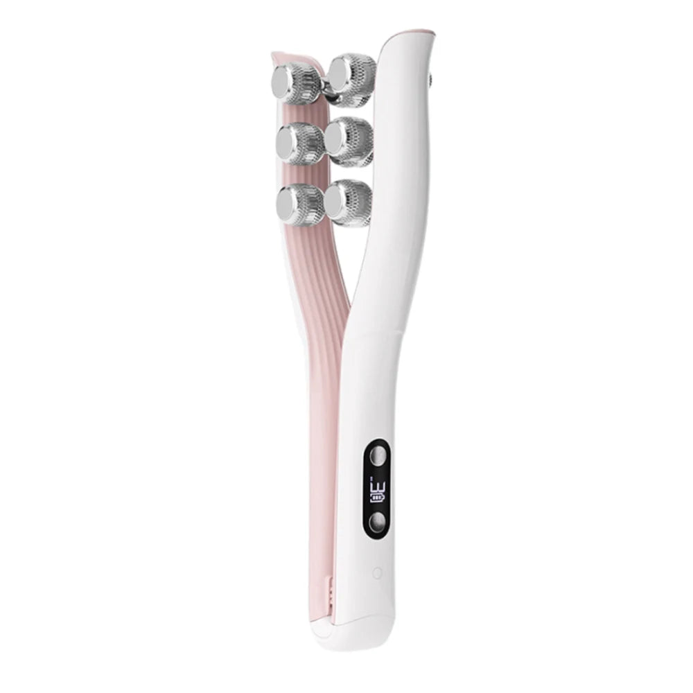 A white and pink EMS face and body slimming roller massager with multiple rollers.