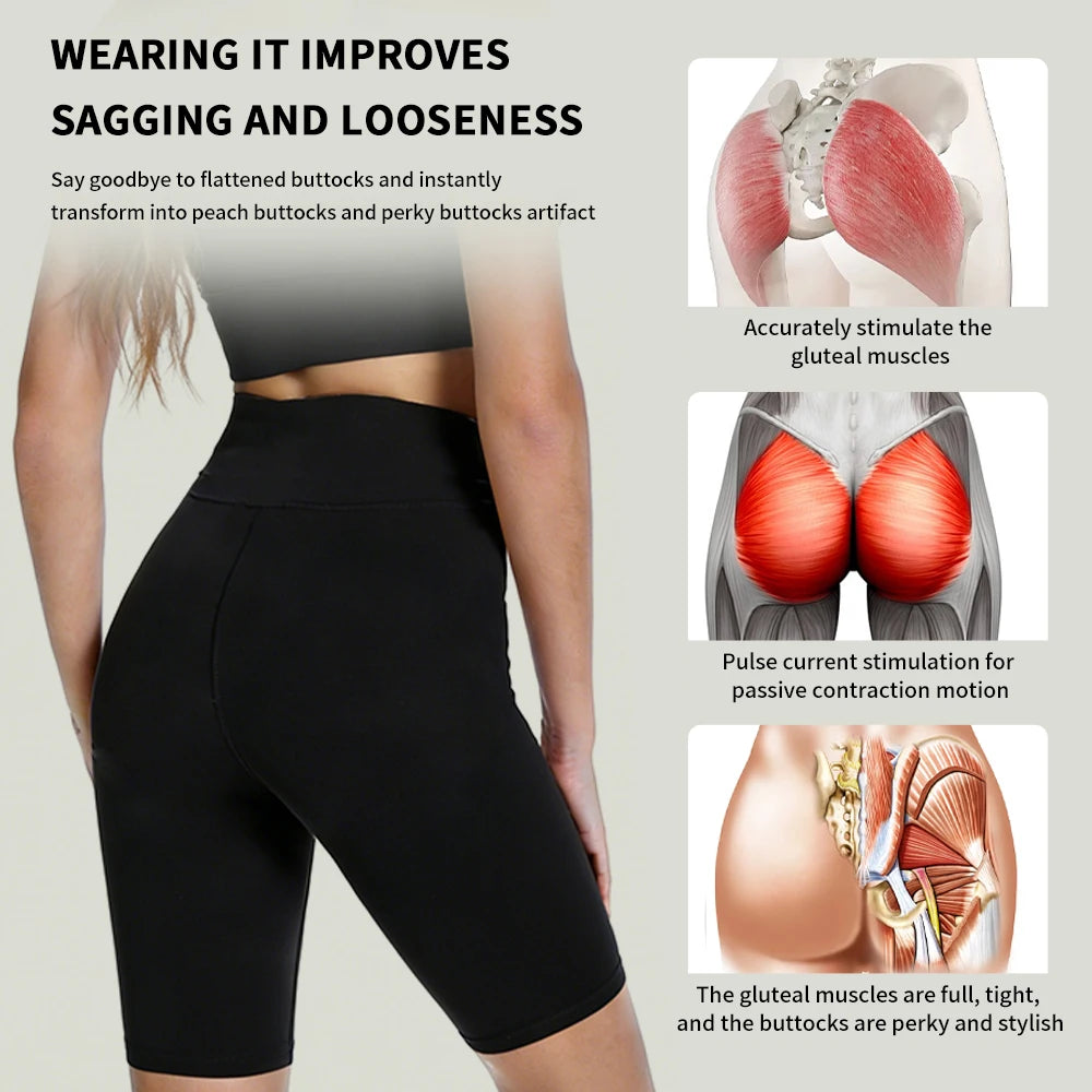 Black EMS body shaper yoga pants worn by a person, demonstrating muscle stimulation for buttocks toning.