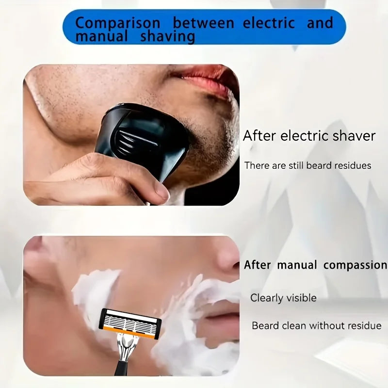Comparaison de résidus de barbe après rasage avec une tondeuse électrique et un rasoir manuel.