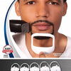 A set of five white beard trimmer templates shown next to a man's face demonstrating the grooming tool.