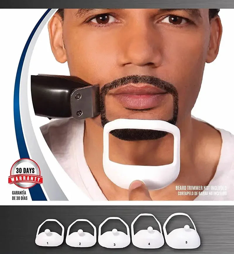 A set of five white beard trimmer templates shown next to a man's face demonstrating the grooming tool.