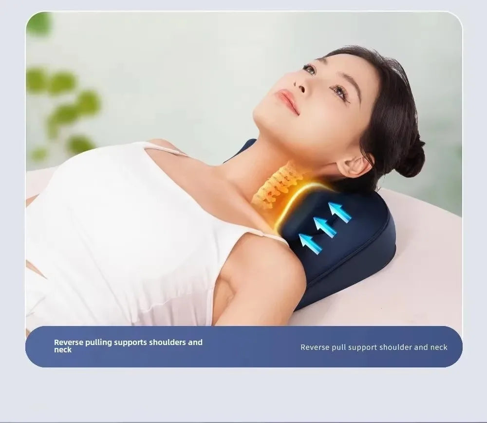 A woman is using an electric massage pillow on her neck and shoulder for relief.