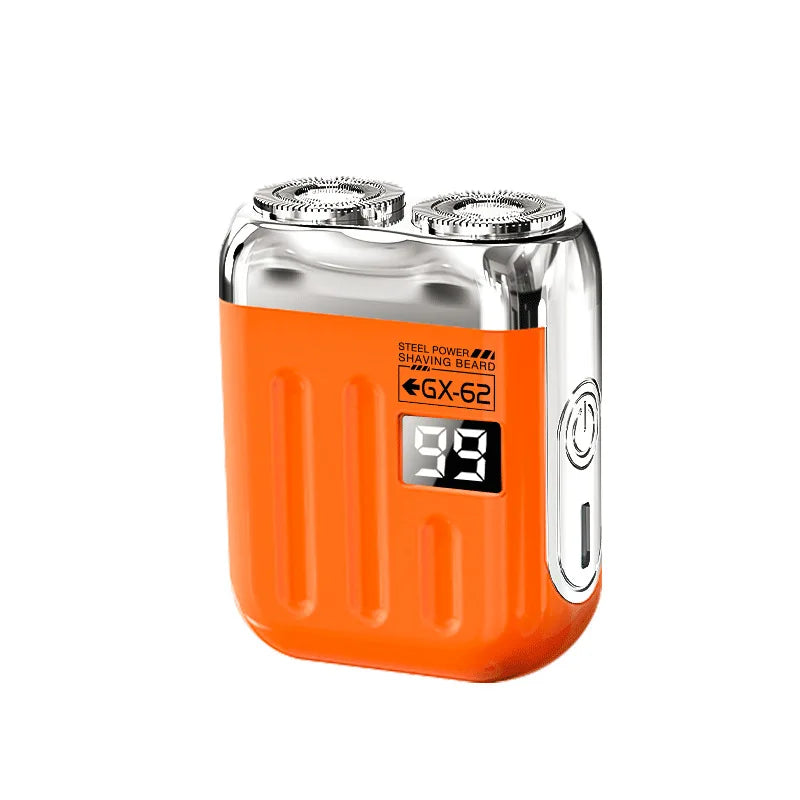 An orange portable electric shaver with silver accents and a digital display showing 99.