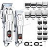 A professional cordless hair clipper trimmer set showing various blades and attachments for hair grooming.