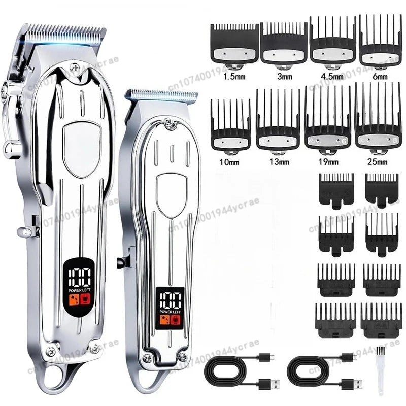 A professional cordless hair clipper trimmer set showing various blades and attachments for hair grooming.