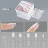 A set of 100 matte finish false gel nail tips is shown in a clear container and individual nail shapes.