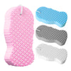 A set of four exfoliating bath sponges in pink, blue, gray, and white.