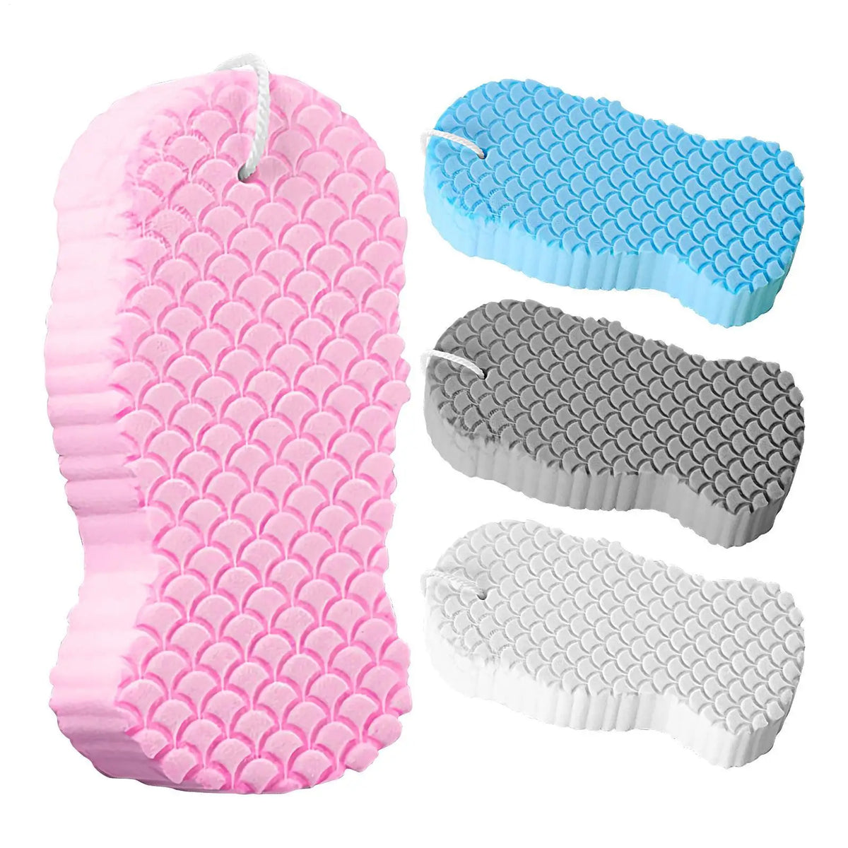 A set of four exfoliating bath sponges in pink, blue, gray, and white.