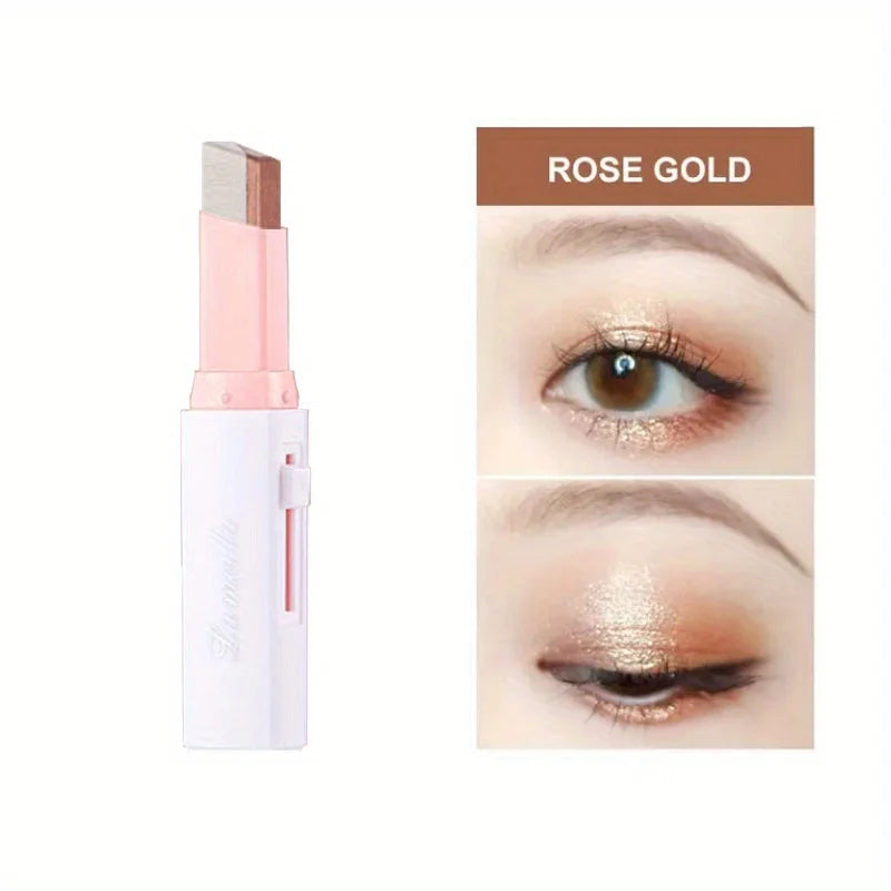 A tube of rose gold eyeshadow stick with a close-up display of the color on an eye.