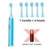 A blue sonic electric toothbrush handle with six interchangeable brush heads shown next to the components.