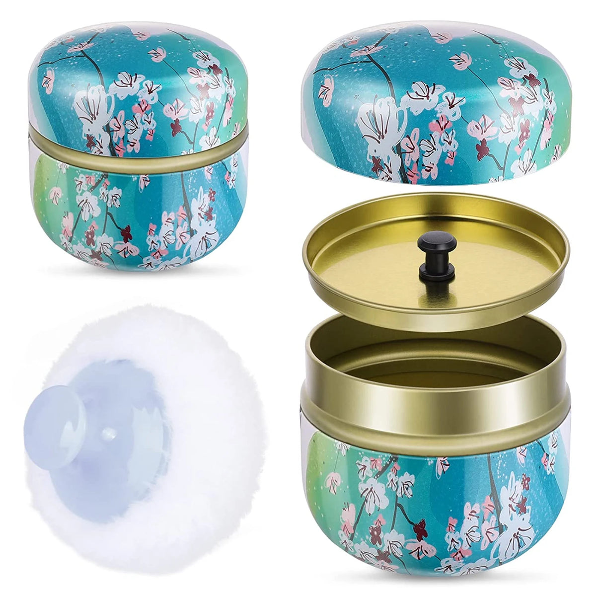Poudrier et étui de maquillage portable à motifs floraux bleu sarcelle et rose avec applicateur moelleux blanc.