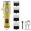 A gold electric hair clipper with a silver guard and multiple metal blades shown next to accessories.