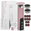 A pink electric foot callus remover device and various replacement pads are shown in a box.