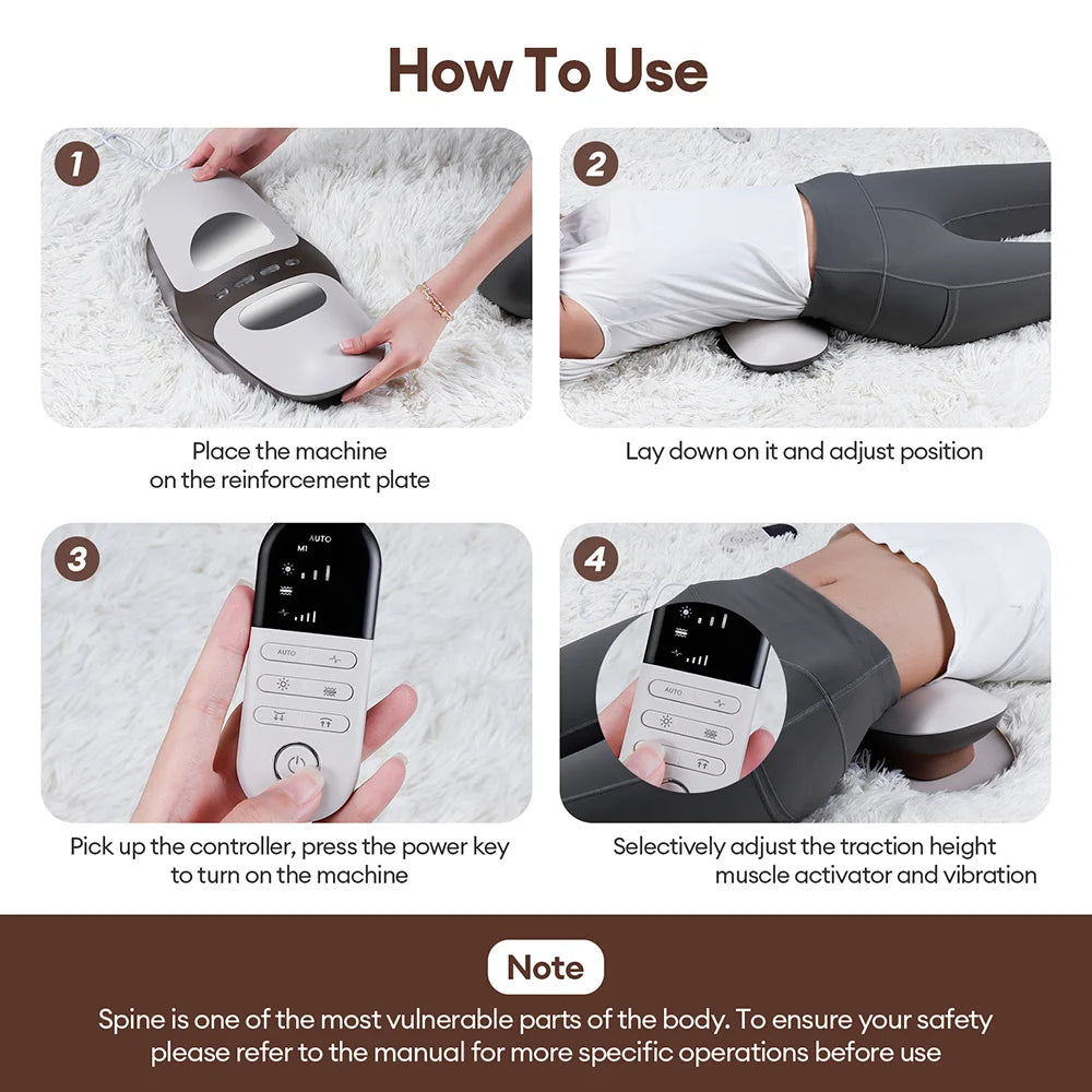 Instructions showing how to use an electric lumbar traction massager for back and waist pain relief device
