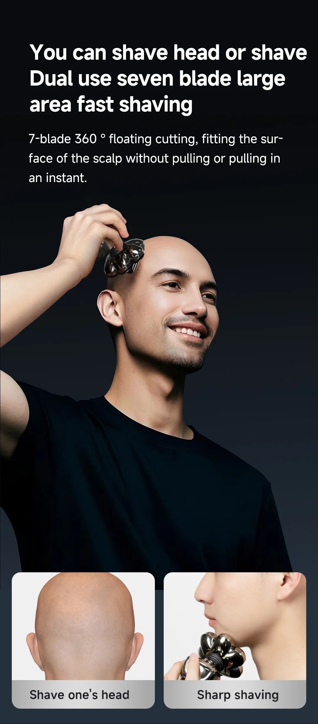 A man is using a seven-blade floating cutting shaver on his head for fast shaving.